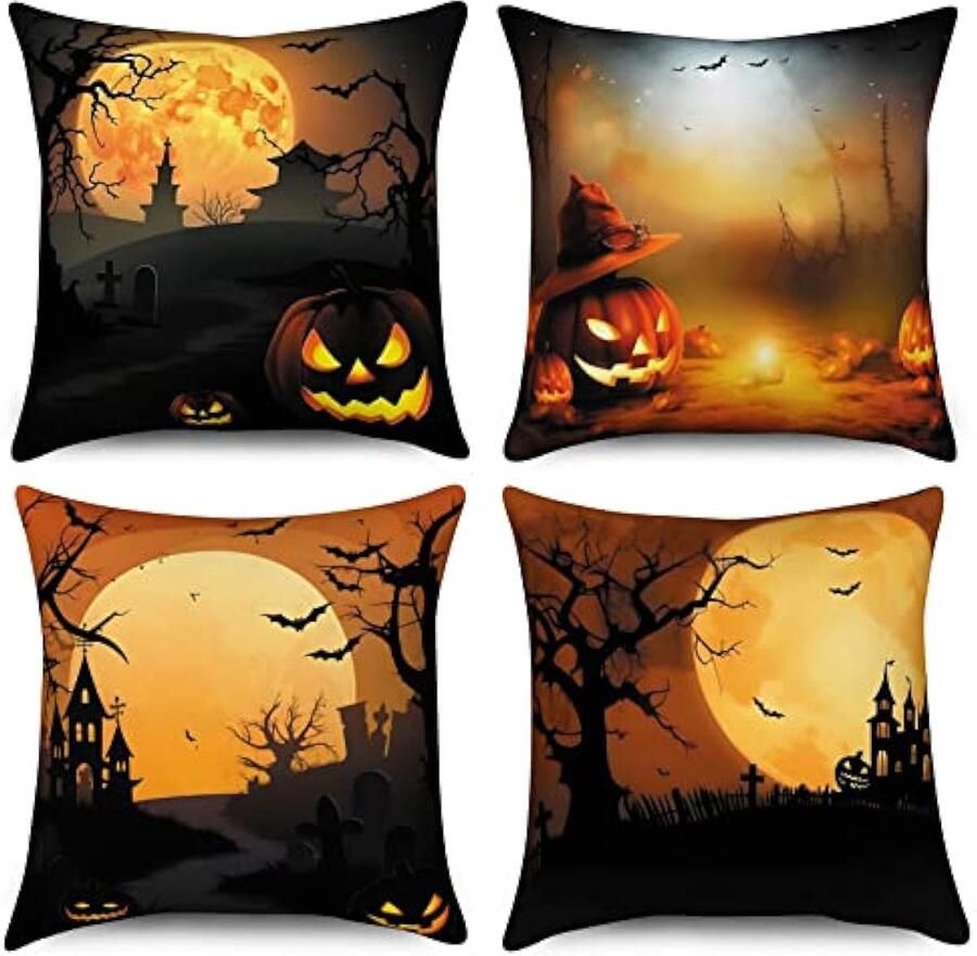 Selbro Halloween Kussenslopen 40 x 40 cm set van 4 griezelige pompoen volle maan kasteel dode boom vleermuis decoratieve Kussenslopen zwart oranje linnen Kussenslopen voor sofa bank outdoor woondecoratie