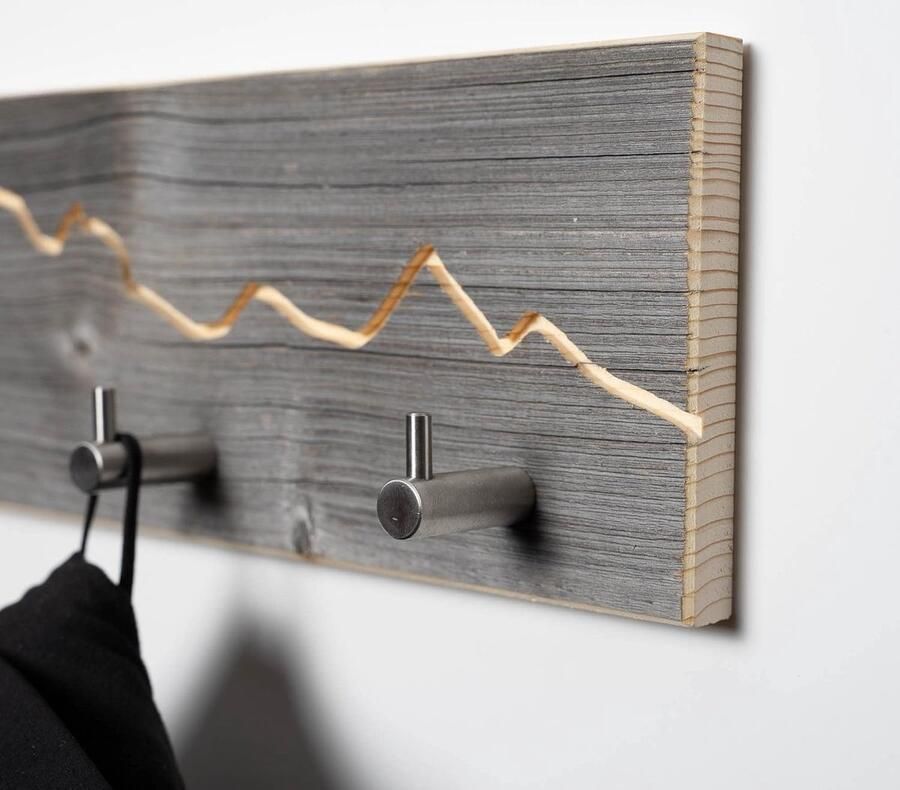 Selbro Handgemaakte Wandkapstok van Gerecycled Hout met Bergenmotief en Roestvrijstalen Haken