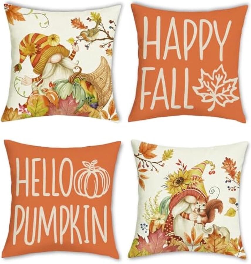 Selbro Happy Fall Kussenhoezen 45 x 45 cm kabouters pompoenen herfst bladeren eekhoorn oranje decoratieve sierKussenslopen voor slaapbank tuin huis outdoor decor set van 4