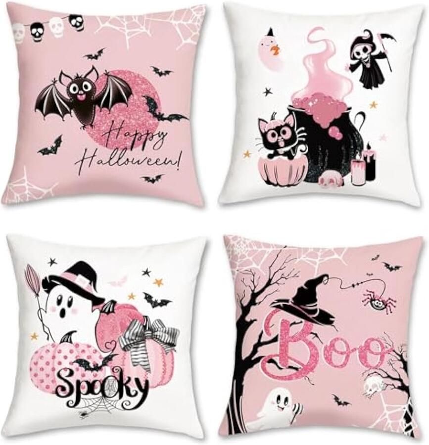 Selbro Happy Halloween Kussenhoezen 45 x 45 cm pompoen geest vleermuis kat griezelige decoratieve Kussenslopen roze Kussenslopen voor slaapbank huis tuin patio decoratie set van 4