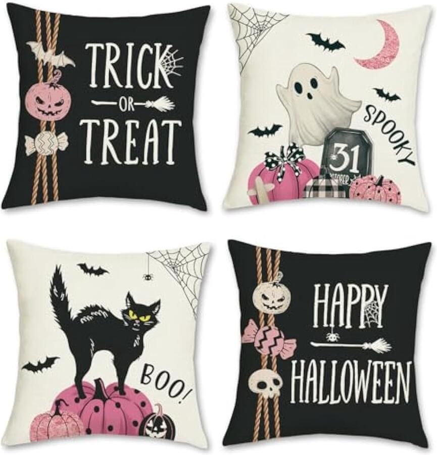 Selbro Happy Halloween Kussenhoezen 45 x 45 cm pompoen geest zwarte kat trick or treat decoratieve Kussenslopen voor slaapbank thuis outdoor decor set van 4