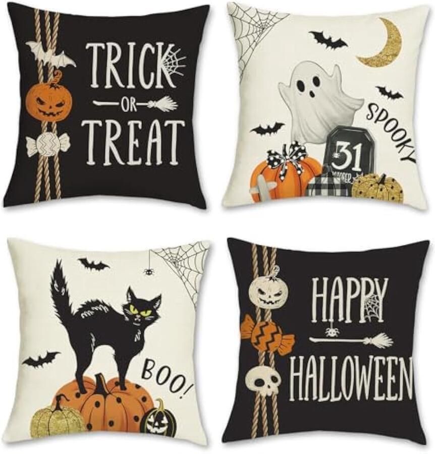 Selbro Happy Halloween Kussenhoezen 45 x 45 cm pompoen geest zwarte kat trick or treat decoratieve Kussenslopen zwarte Kussenslopen voor slaapbank thuis outdoor decor set van 4
