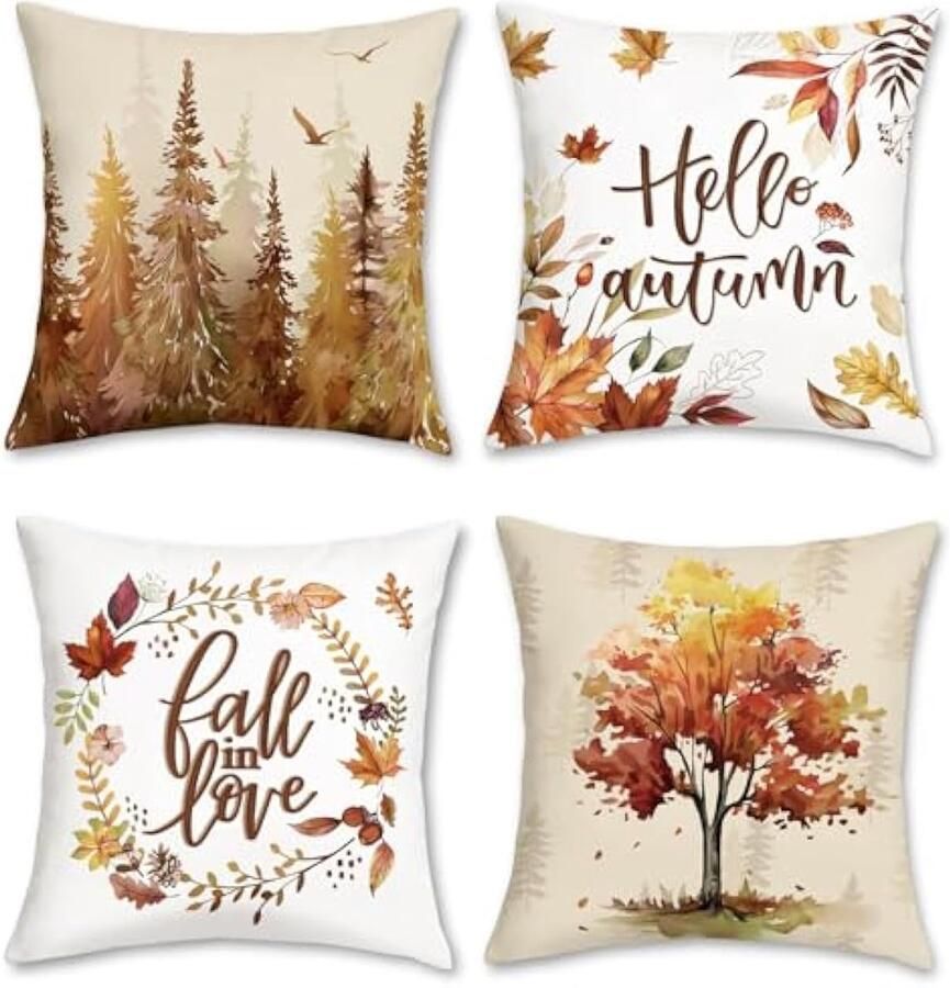 Selbro Hello Herfst Kussenslopen 45 x 45 cm Dennenbomen Herfst Bladeren Krans Decoratieve Kussenslopen Zachte Fluwelen Kussenslopen voor Slaapbank Thuis Tuin Patio Decor Set van 4