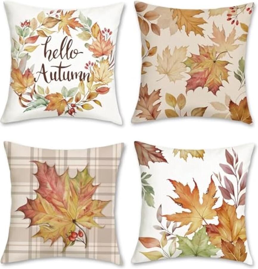 Selbro Hello Herfst Kussenslopen 45 x 45 cm Herfst Bladeren Krans Plaid Decoratieve Kussenslopen Zachte Fluwelen Kussenslopen voor Slaapbank Thuis Tuin Patio Decor Set van 4