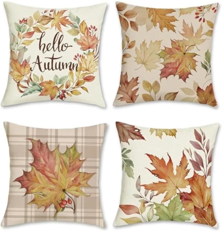 Selbro Hello Herfst Kussenslopen 45 x 45 cm Herfst Bladeren Krans Plaid Decoratieve Kussenslopen Polyester Linnen Kussenslopen voor Slaapbank Thuis Tuin Outdoor Decor Set van 4