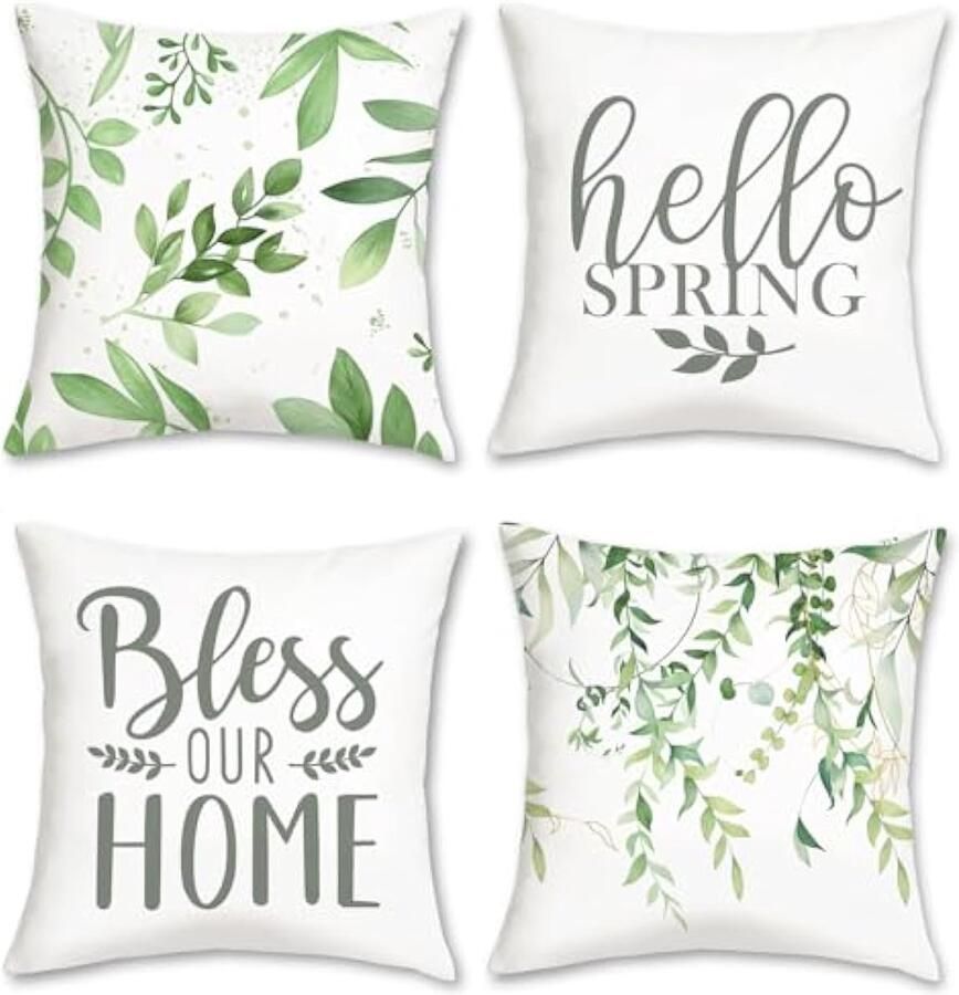 Selbro Hello Spring Kussenslopen 45 x 45 cm groene bladeren lente decoratieve Kussenhoezen zachte fluwelen Kussenslopen voor bank tuin buiten woondecoratie set van 4 18 x 18 inch