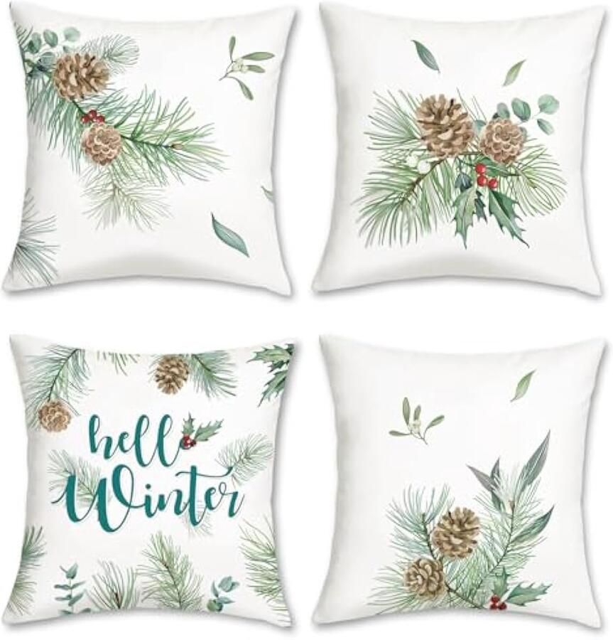 Selbro Hello Winter Kussenslopen 45 x 45 cm dennenbladeren kegels groene plant botanische decoratieve sierKussenslopen voor bank bed thuis vakantie decor set van 4