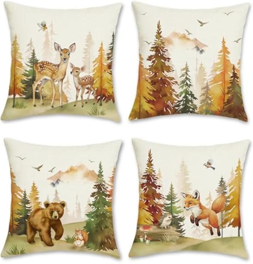 Selbro Herfst bos dieren Kussenslopen 45 x 45 cm herten beer vos dennenbomen polyester linnen decoratief sierKussenslopen voor slaapbank tuin huis outdoor decor set van 4