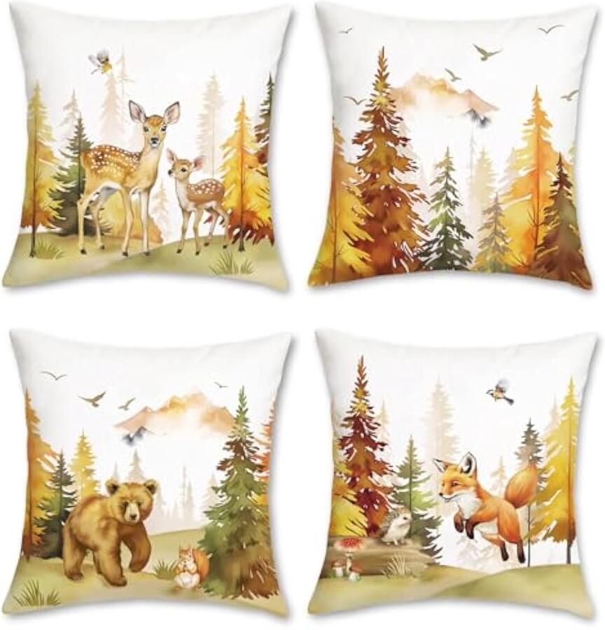 Selbro Herfst bos dieren Kussenslopen 45 x 45 cm herten beer vos dennenbomen zachte fluweel decoratieve sierKussenslopen voor slaapbank huis tuin patio decoratie set van 4