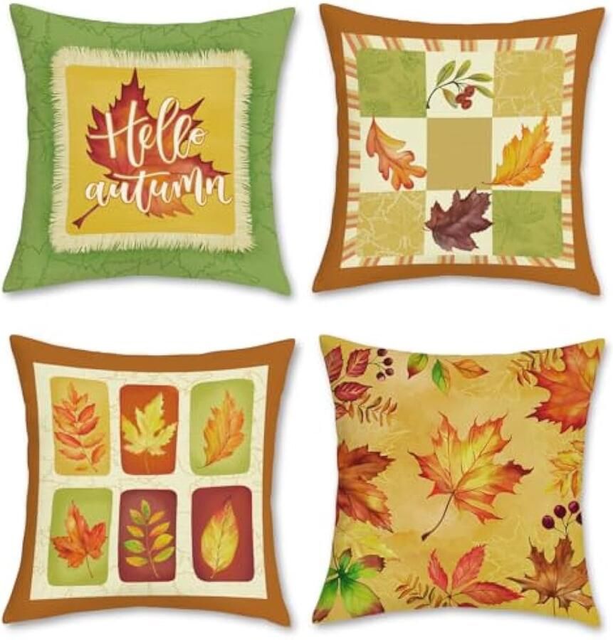 Selbro Herfst esdoornbladeren Kussenhoezen 45 x 45 cm geel oranje groen blad polyester linnen decoratief sierKussenslopen voor slaapbank huis tuin outdoor decor set van 4