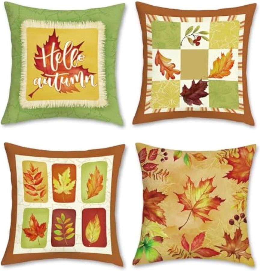 Selbro Herfst esdoornbladeren Kussenhoezen 45 x 45 cm geel oranje groen blad zacht fluweel decoratief sierKussenslopen voor slaapbank huis tuin patio decoratie set van 4