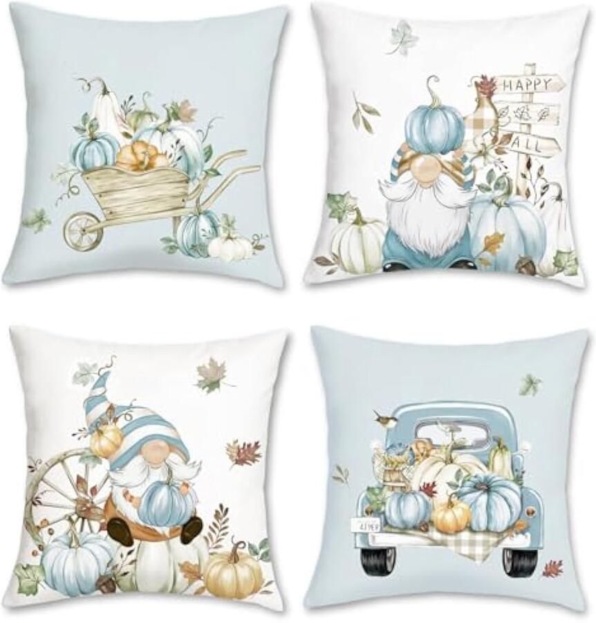 Selbro Herfst Kussenhoezen 45 x 45 cm pompoenen kabouters blad vrachtwagen decoratieve sierKussenslopen blauw Kussenslopen voor bank bed huis tuin patio decor set van 4