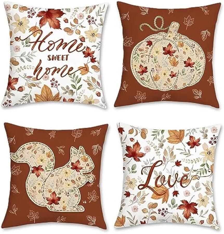 Selbro Herfst Kussenslopen 45 7 x 45 7 cm eekhoorn en pompoen oranje decoratie voor bank en thuis 4 stuks