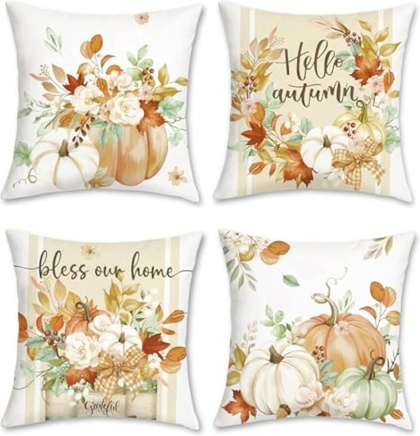 Selbro Herfst pompoen Kussenhoezen 45 x 45 cm herfst esdoornblad krans bloemen decoratieve sierKussenslopen voor bank bed huis tuin patio decor set van 4