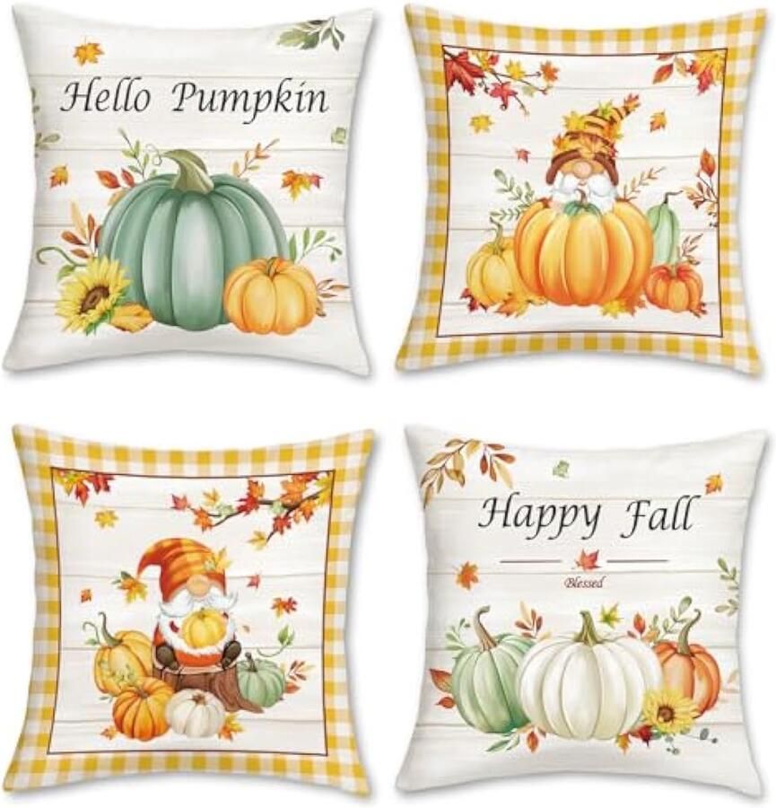 Selbro Herfst Pompoen Kussenslopen 45 x 45 cm Beige Groen Oranje Pompoenen Kabouters Herfst Bladeren Decoratieve SierKussenslopen voor Slaapbank Thuis Tuin Patio Decor Set van 4