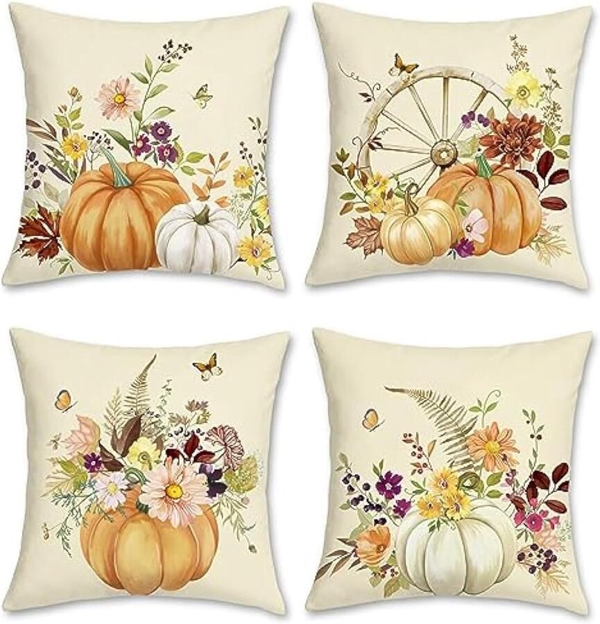 Selbro Herfst Pompoen Kussenslopen 45 x 45 cm Beige Oranje Pompoen Bloemen Blad Decoratieve SierKussenhoezen Gele Kussenslopen voor Slaapbank Thuis Tuin Patio Decor Set van 4
