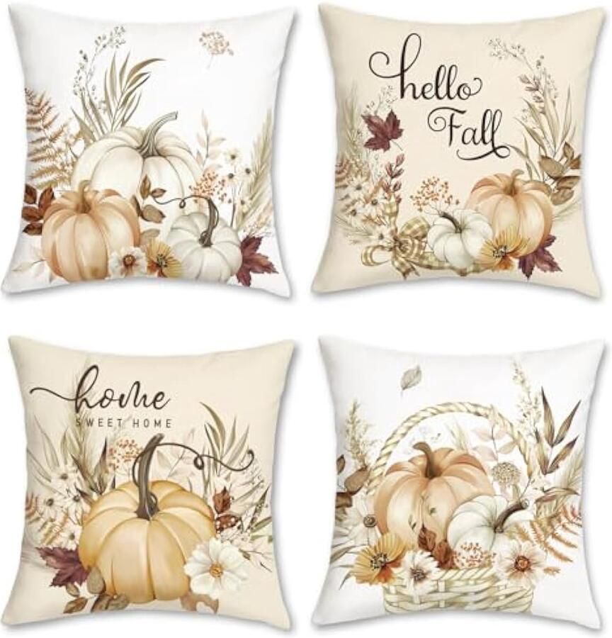 Selbro Herfst Pompoen Kussenslopen 45 x 45 cm Beige Oranje Pompoenen Herfstblad Krans Bloemen Decoratieve SierKussenslopen voor Slaapbank Thuis Tuin Patio Decor Set van 4