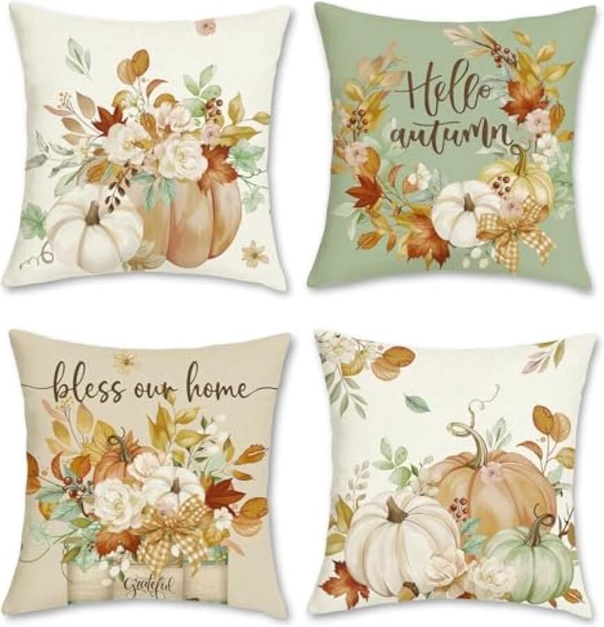 Selbro Herfst Pompoen Kussenslopen 45 x 45 cm Herfstblad Krans Bloemen Groen Oranje Polyester Linnen Decoratieve SierKussenslopen voor Slaapbank Thuis Tuin Patio Decor Set van 4