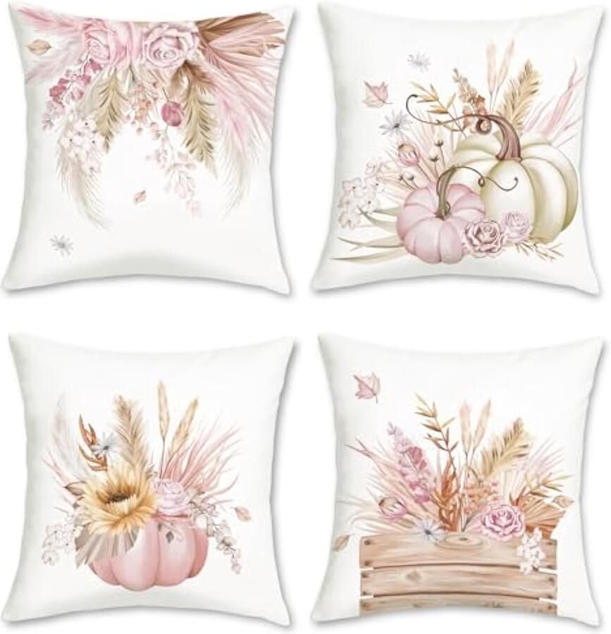 Selbro Herfst pompoenen Kussenhoezen 45 x 45 cm beige roze bloemen bladeren decoratief Kussenslopen roze Kussenslopen voor bank bed huis tuin patio decor set van 4