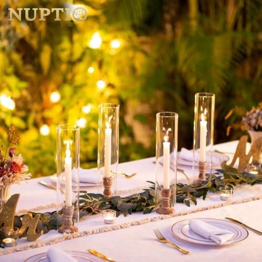 Selbro Houten Glazen Orkaan Kandelaar Set: 6 Stuks 35cm Hoge Kandelaars met Afneembare Glazen Orkaan voor Bruiloft Partij of Tafel Decor