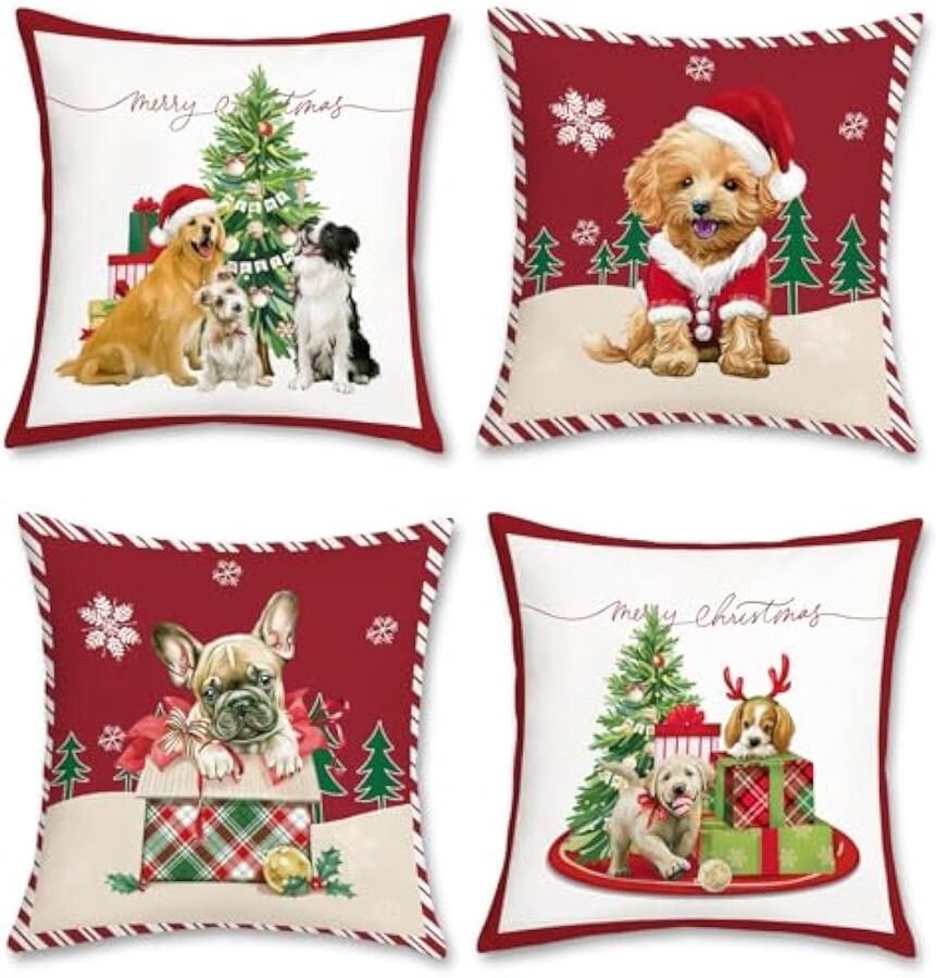 Selbro Kerst hondenKussenhoezen 45 x 45 cm Xmas Mooie Huisdier Hond Rode Decoratieve SierKussenhoezen Zachte Fluwelen Kussenslopen voor Slaapbank Winter Vakantie Decor Set van 4