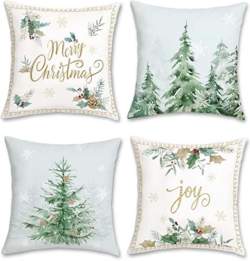 Selbro Kerstboom dennenKussenslopen 45 x 45 cm groen dennenboom sneeuwvlok vreugde kerst decoratief sierKussenslopen zachte fluwelen Kussenslopen voor slaapbank thuis vakantie decor set van 4