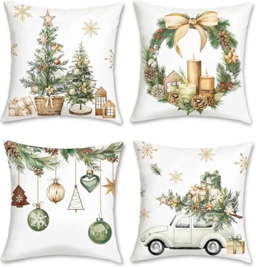 Selbro KerstKussenslopen 45 x 45 cm kerstbomen ballen dennenbladeren kegels vrachtwagen decoratieve Kussenhoezen voor bank bed thuis winter vakantie decoratie set van 4
