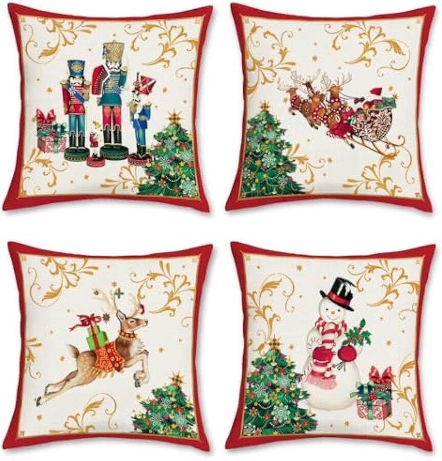 Selbro KerstKussenslopen 45 x 45 cm rendier notenkraker beide zijden decoratieve sierKussenslopen Kussenslopen voor slaapbank winter kerstdecoratie set van 4