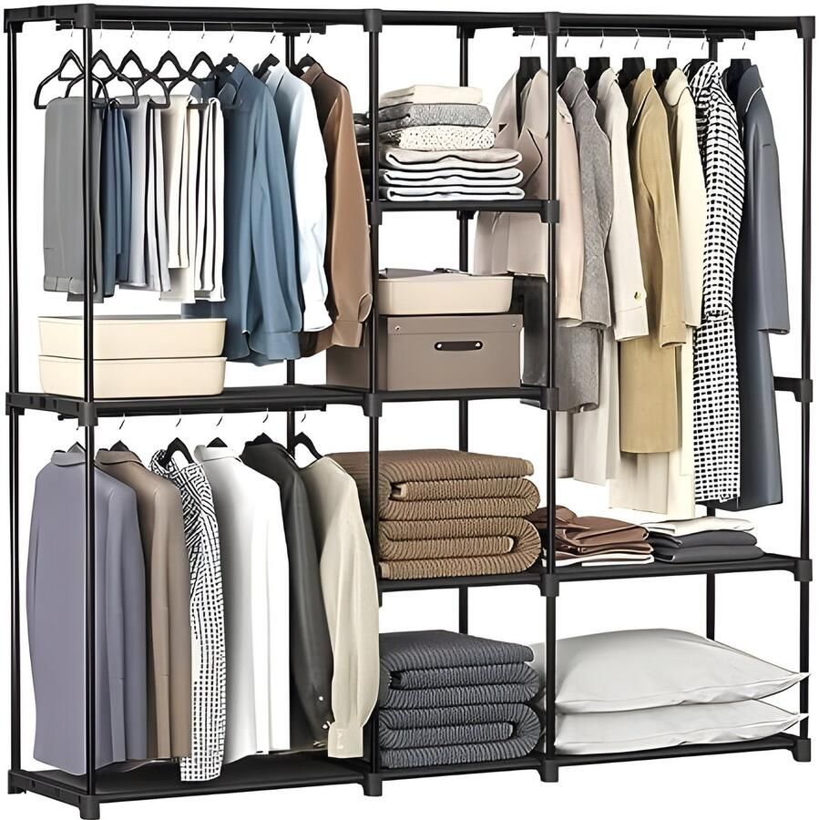 Selbro Kledingkast Vrijstaande Kapstok met Kledingroedes en Stoffen Planken Metalen Frame 182 x 43 x 182 cm Inktzwart