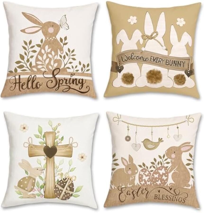 Selbro Konijntje Kussenhoezen 45 x 45 cm Bruin Konijn Eieren Kruis Decoratieve SierKussenhoezen Kaki Kussenslopen voor Slaapbank Woondecoratie Set van 4