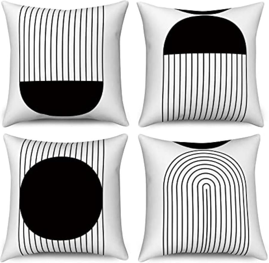 Selbro Kussenslopen 50 x 50 cm set van 4 zwart en wit midden eeuw abstracte geometrische boog zon decoratieve sierKussenhoezen moderne minimalistische linnen Kussenslopen voor bank buiten woondecoratie