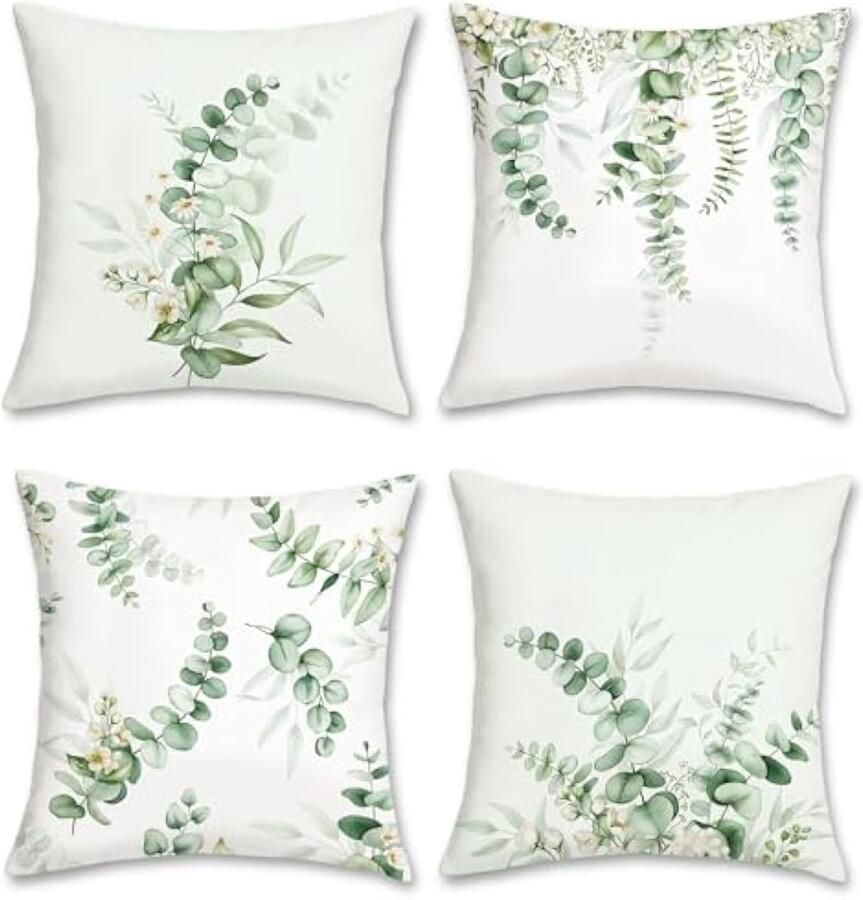 Selbro Kussenhoezen met eucalyptusbladeren 45 x 45 cm saliegroen blad wit bloem decoratief Kussenhoezen voor bank bed huis tuin terras decoratie set van 4