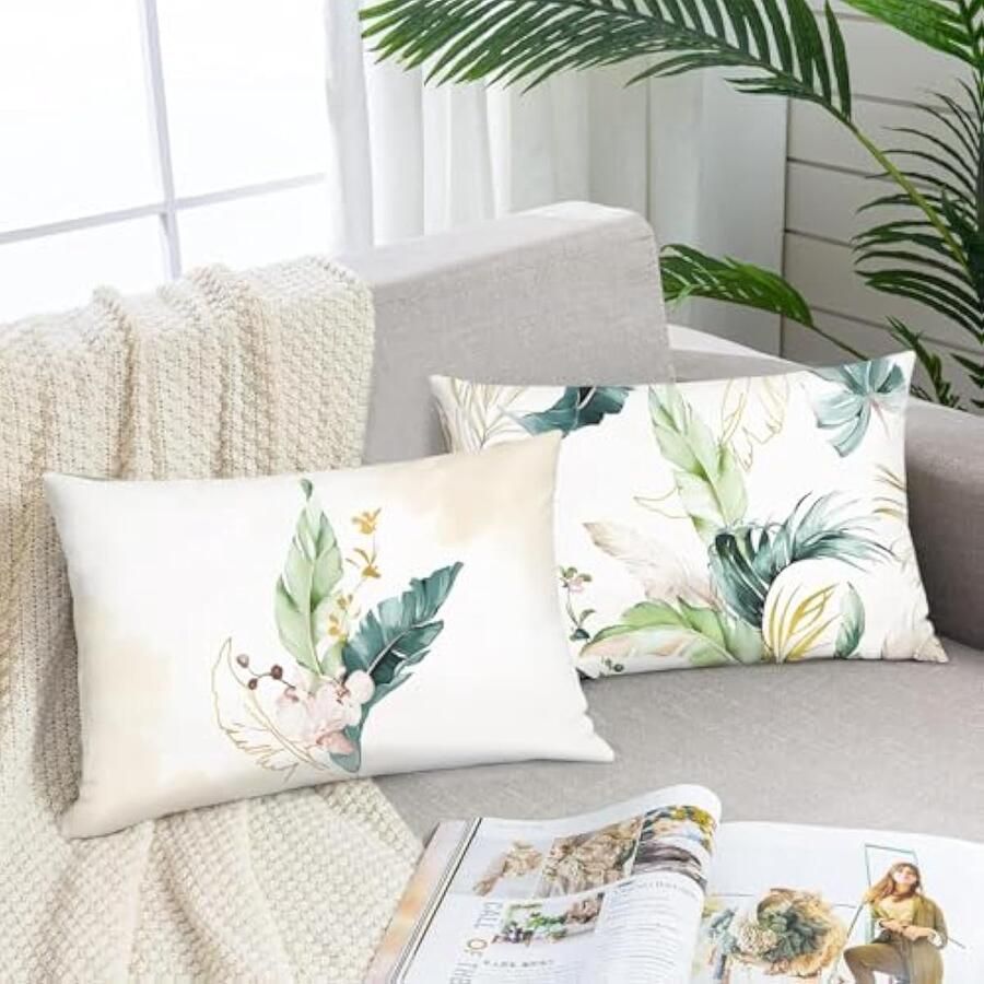 Selbro Kussenhoezen met tropische bladeren 30 x 50 cm groen en roze blad decoratieve Kussenhoezen voor bank bed thuis tuin terras decoratie set van 2