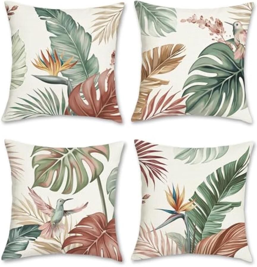 Selbro Kussenhoezen met tropische bladeren 45 x 45 cm aquarel blad vogel polyester linnen decoratief Kussenslopen voor bank bed thuis tuin buiten decoratie set van 4