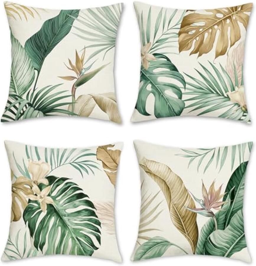 Selbro Kussenhoezen met tropische bladeren 45 x 45 cm groenbruin blad decoratieve Kussenslopen van polyester linnen Kussenslopen voor bank huis tuin buiten zomer decoratie set van 4