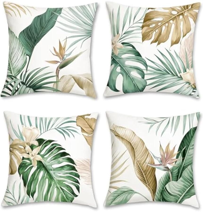 Selbro Kussenhoezen met tropische bladeren 45 x 45 cm groenbruin blad decoratieve sierKussenhoezen zachte fluwelen Kussenslopen voor slaapbank thuis tuin terras zomerdecoratie set van 4