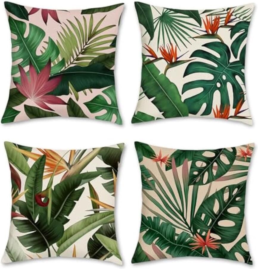 Selbro Kussenhoezen met tropische bladeren 45 x 45 cm groene bladeren plant decoratieve Kussenslopen polyester linnen Kussenslopen voor bank terras tuin buitendecoratie set van 4