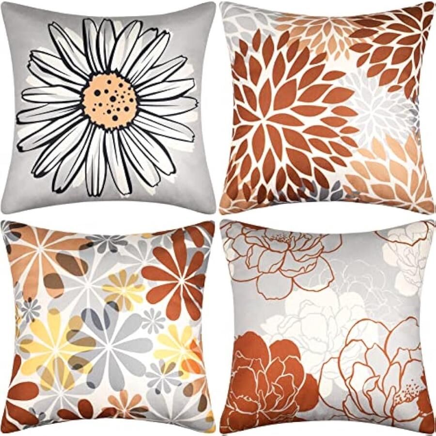 Selbro Kussenhoezen sofakussen bloemen abstract vintage linnen bruin grijs sierkussenhoezen decoratief voor bank slaapkamer woonkamer bankkussen kussenslopen 40 x 40 cm set