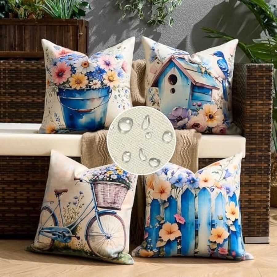 Selbro Kussenhoezen voor bank waterdicht linnen 40 x 40 cm bloemen verschillende kleuren vogel fiets lente zomer decoratief voor balkon terras tuin set van 4