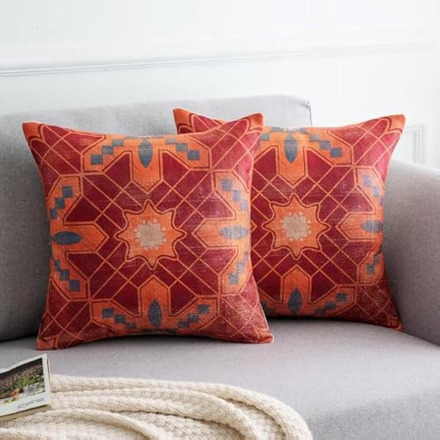 Selbro Kussenhoezen voor bank woonkamer 50 x 50 cm linnen oranje tapijt Turkse kilim decoratief abstract modern voor bed terras buiten huis tuin set van 2