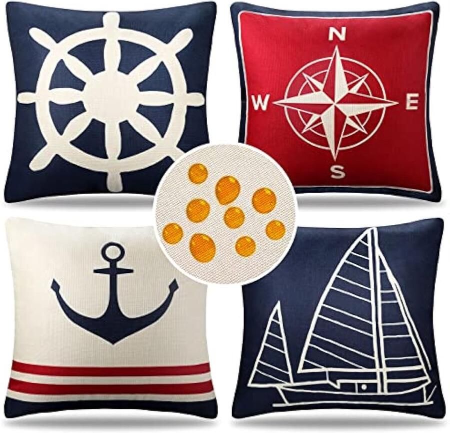 Selbro Kussenhoezen voor buiten tuin modern linnen waterdicht anker zeilboot kompas stuurwiel kussenslopen voor bank slaapkamer woonkamer 50 x 50 cm marineblauw en rood set van 4