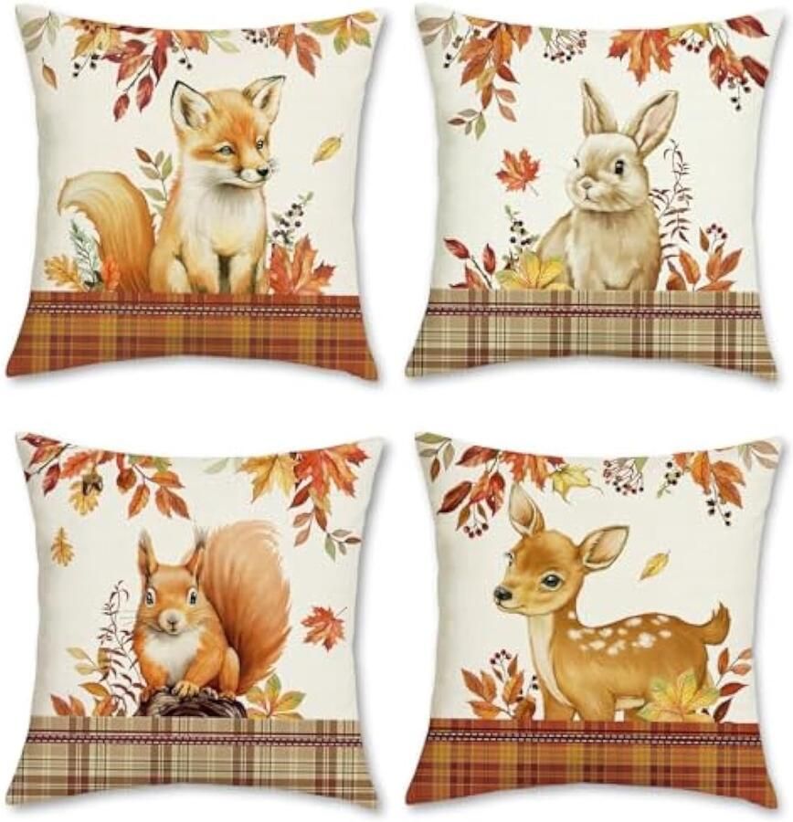 Selbro Kussenhoezen voor herfst dieren 45 x 45 cm vos hert eekhoorn konijn polyester linnen decoratief kussen voor bank bed huis tuin outdoor 4 stuks