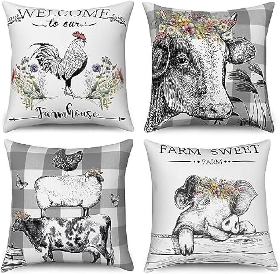 Selbro Kussensloop 40 x 40 cm set van 4 boerderij inspirerende dieren kip runderen varken bank sierkussen kussenovertrekken wasbaar polyester vlas textiel outdoor kussensloop