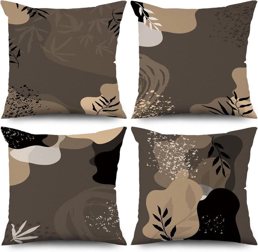 Selbro Kussensloop 40 x 40 cm set van 4 bruin modern abstract bohostijl bladeren bank sierkussen wasbaar polyester vlas textiel outdoor bekleding