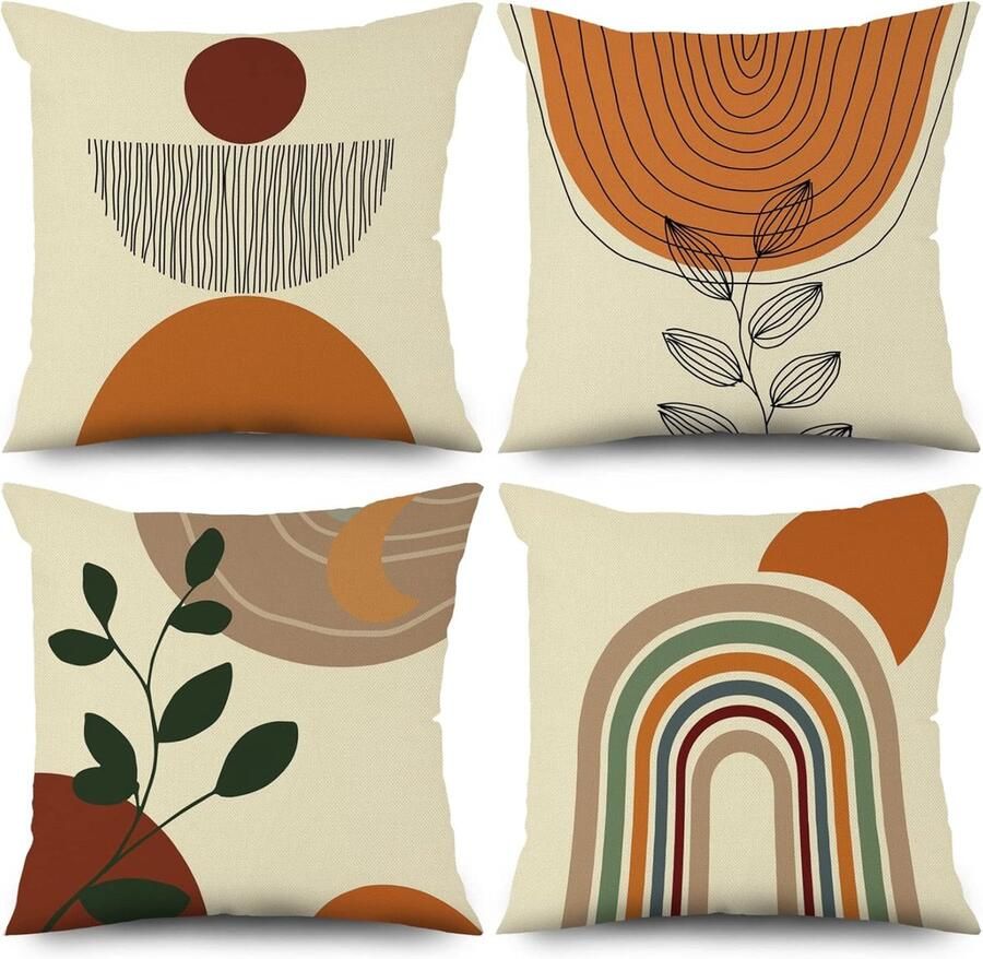 Selbro Kussensloop 40 x 40 cm set van 4 modern abstract kunst bladeren zon beige voor bank sierkussen wasbaar polyester vlas textiel voor buiten