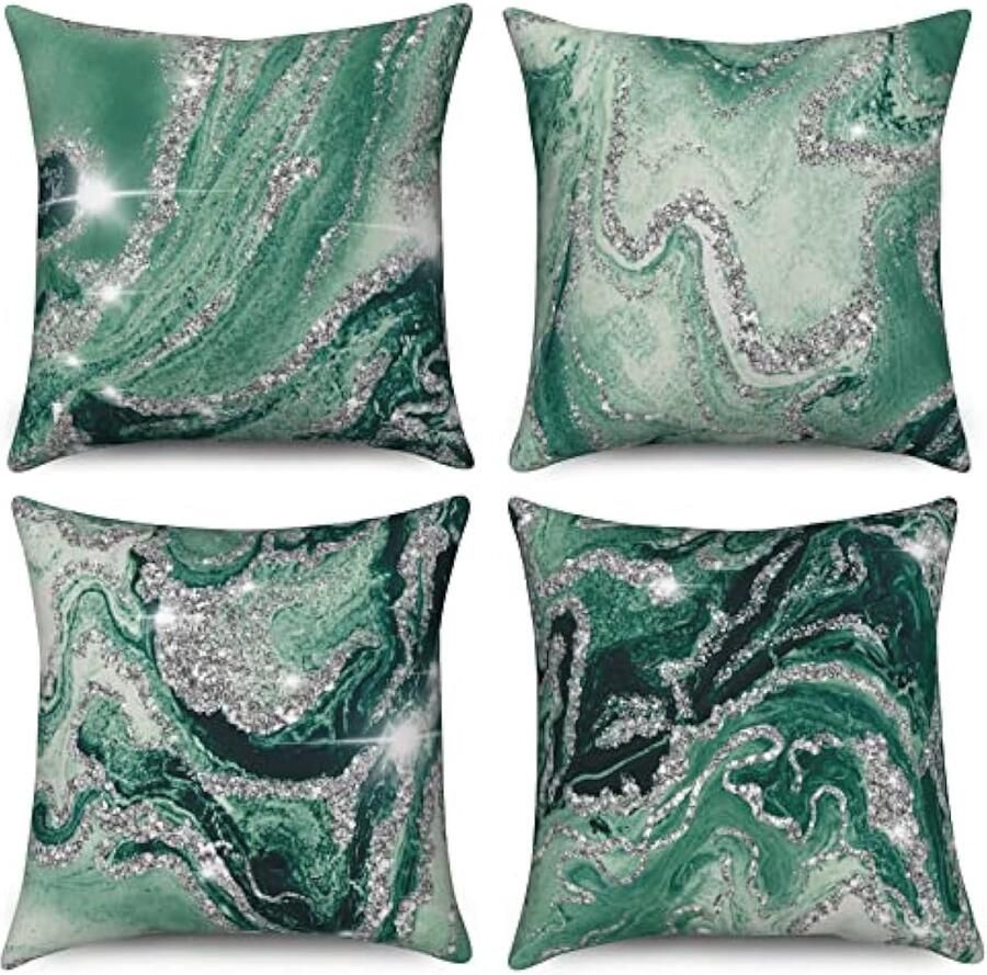 Selbro Kussensloop 40 x 40 cm set van 4 modern licht luxe groen glanzend marmertextuur voor bank sierkussen wasbaar polyester en vlas textiel bekleding