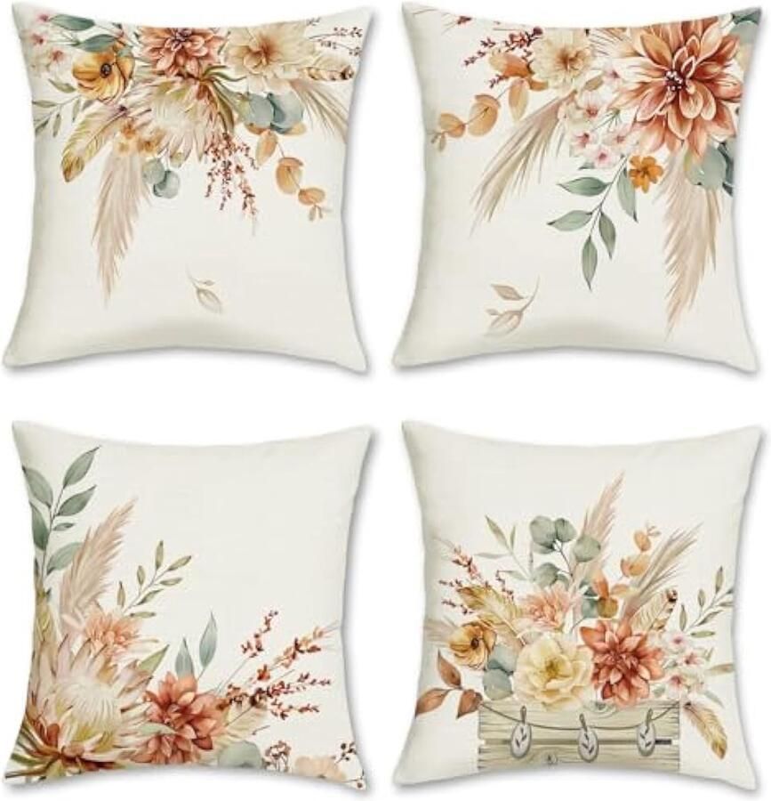 Selbro Kussensloop bloemen boho 45 x 45 cm bloemen bladeren eucalyptus decoratief kussensloop voor bank slaapkamer huis tuin terras buiten decoratie 4-delig
