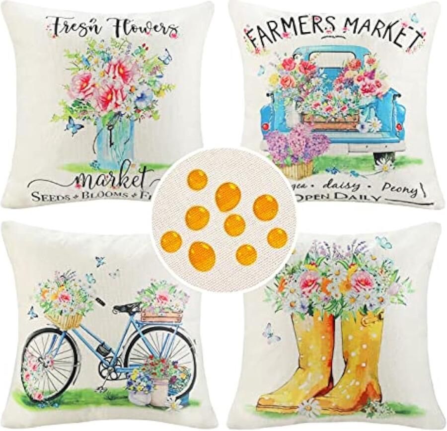 Selbro Kussensloop decoratief boerderij lente plant bloem motief bank vierkant 45 x 45 cm waterdicht voor bank huis woonkamer slaapkamer tuin 4-delig