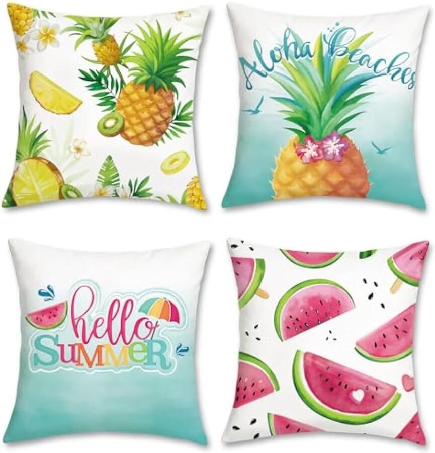 Selbro Kussensloop Zomer Fruit 45 x 45 cm Watermeloen Ananas Fluweel Zacht Decoratieve Kussensloop voor Bank Woonkamer Slaapkamer Thuis Patio Decoratie 4 Stuks