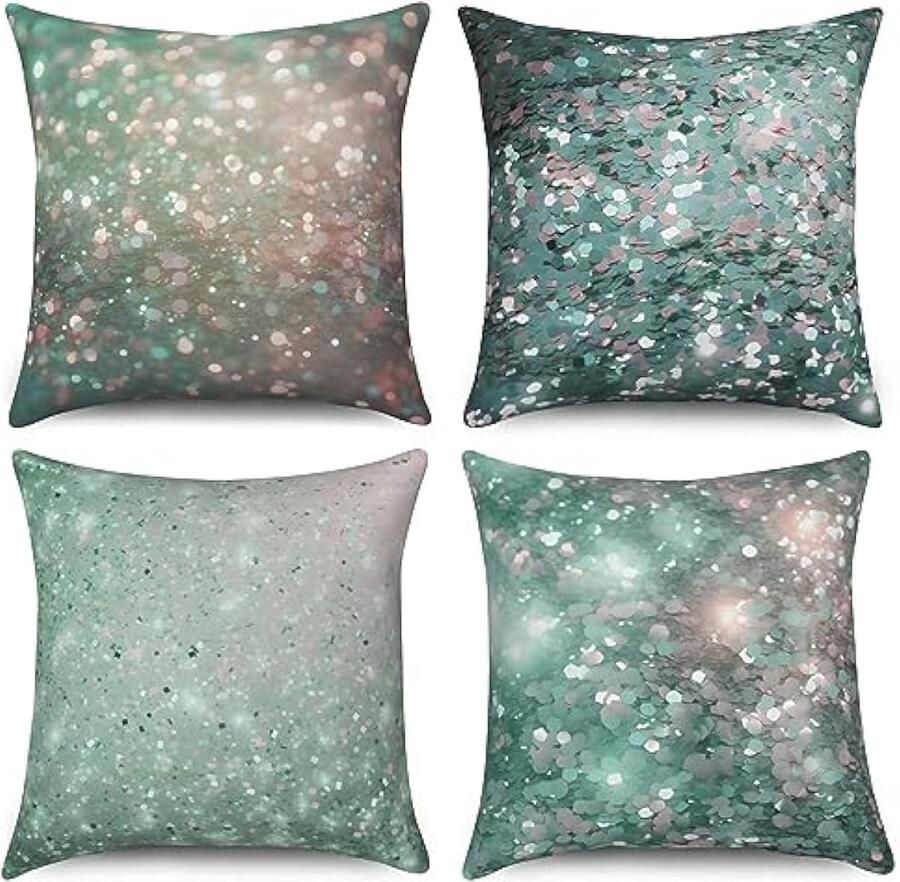 Selbro Kussenslopen 40 cm x 40 cm set van 4 moderne glitter pailletten buiten tuin bank decoratie kussenhoes wasbaar polyester linnen stof bekleding kussensloop
